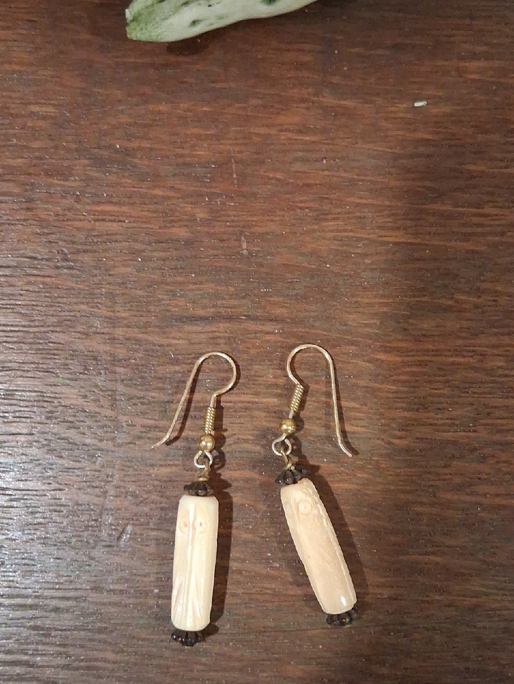 Carved Cream Dangle Earrings with Gold-Tone Hooks